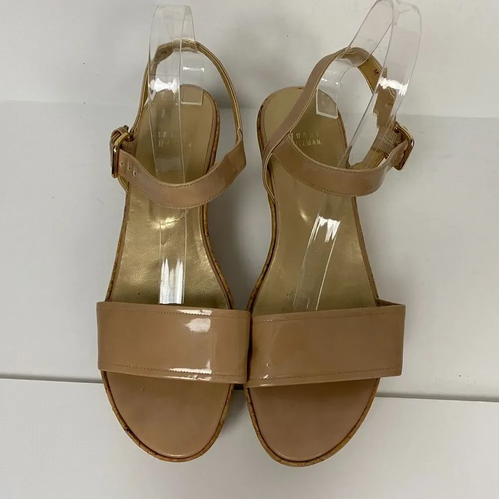 Stuart Weitzman Sandals Womens 10 Beige Cork Platform Wedge Slingback Patent - Picture 3 of 11